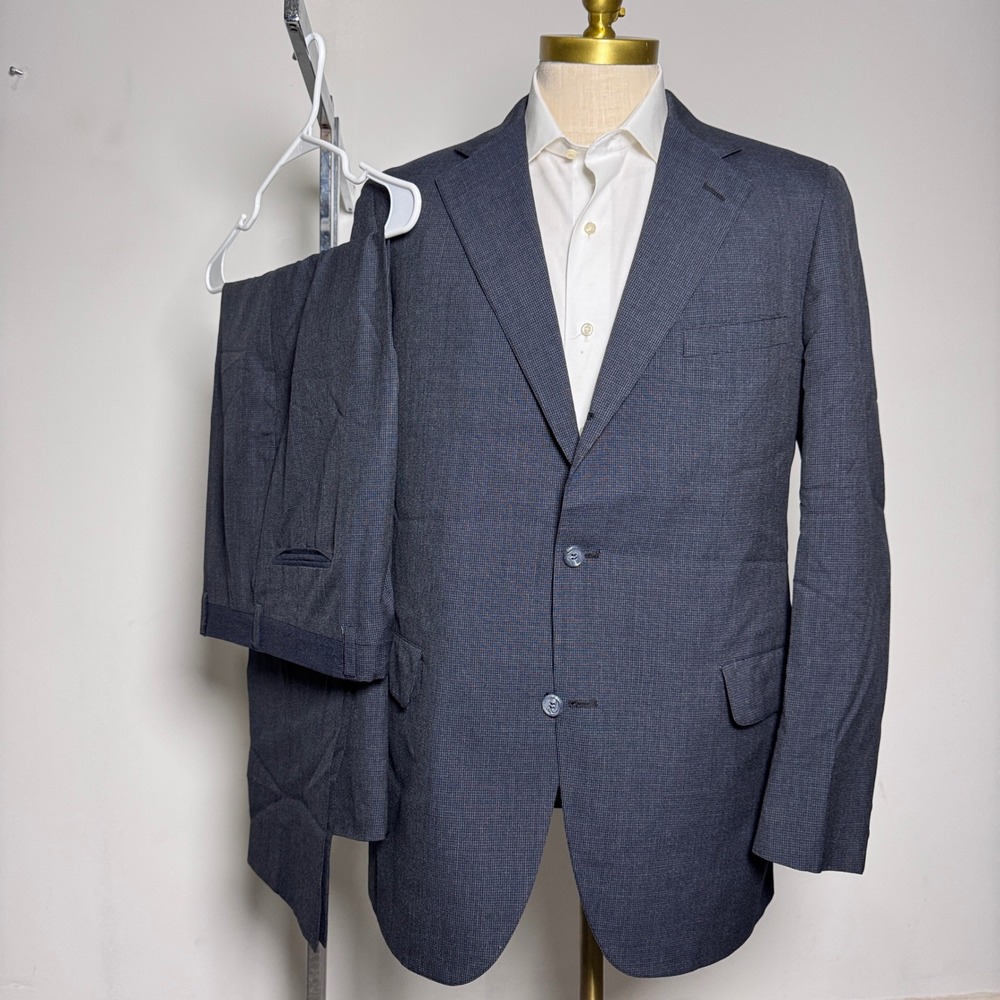 Vtg Jos A Bank Executive Mens Charcoal Glen Plaid Wool Suit 2‎ Piece 44R 35W